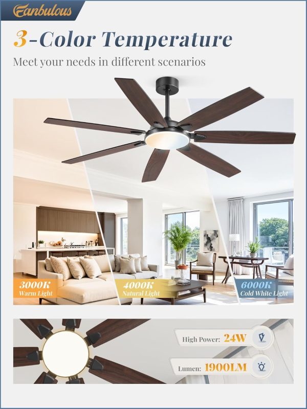 62 Inch Large Ceiling Fans with Lights and Remote, Black Modern Ceiling Fan with 3CCT LED Light, Quiet DC Motor,Indoor/Outdoor Ceiling Fan with 7 Dual Finish Blades for Living Room, Patio