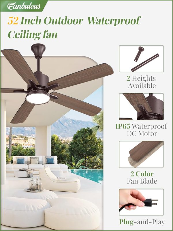Outdoor Ceiling Fans with Light for Patios, IP65 Waterproof Gazebo Fan, Plug in Ceiling Fan with Remote, 3CCT 6-Speed Oil-Bronze Ceiling Fan with Hanging Hook for Porch, Pergola,Canopy
