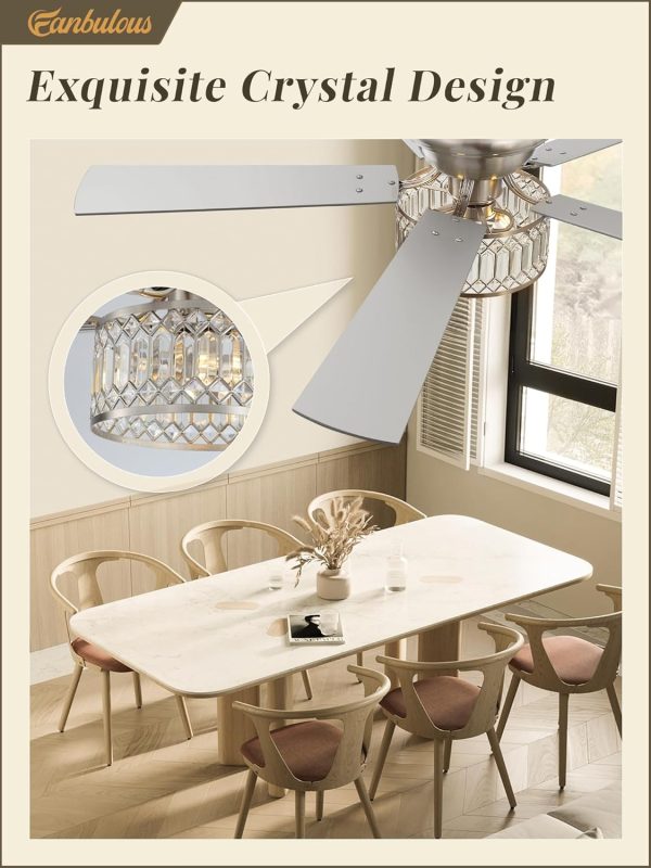 56 Inch Fandaliers Ceiling Fan with Remote Control, Brushed Nickel Modern Ceiling Fan with Light, 6-Speeds, Quiet Reversible DC Motor, Ceiling Fans Chandeliers for Bedroom, Living Room