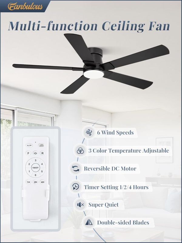 Ceiling Fans with Lights and Remote, 52 inch Low Profile Flush Mount Ceiling Fan,Black Modern Ceiling Fan with LED Light for Bedroom Indoor Outdoor-5 Reversible blades, 3CCT, 6 Speeds, Timer