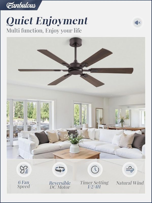 52 Inch Ceiling Fans No Light with Remote, Modern Ceiling Fan Without Light, Dual Finish 6 Blades, Reversible DC Motor, 6 Speed, Large Ceiling Fan for Indoor or Covered Outdoor, Oil Bronze