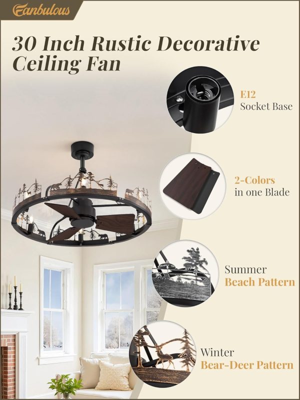 30 Inch Farmhouse Rustic Ceiling Fan with Light and Remote, Black Chandelier Fan with Bear and Deer Design,Summer Sand Beach Design,Rustic Chandeliers for Living Room, Bedroom