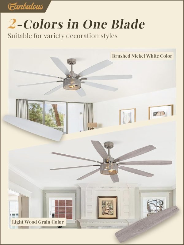 Farmhouse Ceiling Fans with Lights and Remote, 72 Inch Brushed Nickel Industrial Caged Ceiling Fans for Bedroom Living Room Kitchen, 6 Speed Reversible Quiet DC Motor, Dual Finish 8 Blades