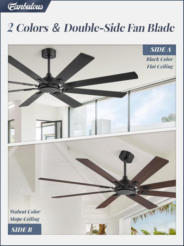 72 Inch Ceiling Fans No Light with Remote, Modern Ceiling Fan Without Light, Dual Finish 8 Blades, Reversible Quiet DC Motor, 6 Speed, Large Ceiling Fan for Indoor or Covered Outdoor, Black