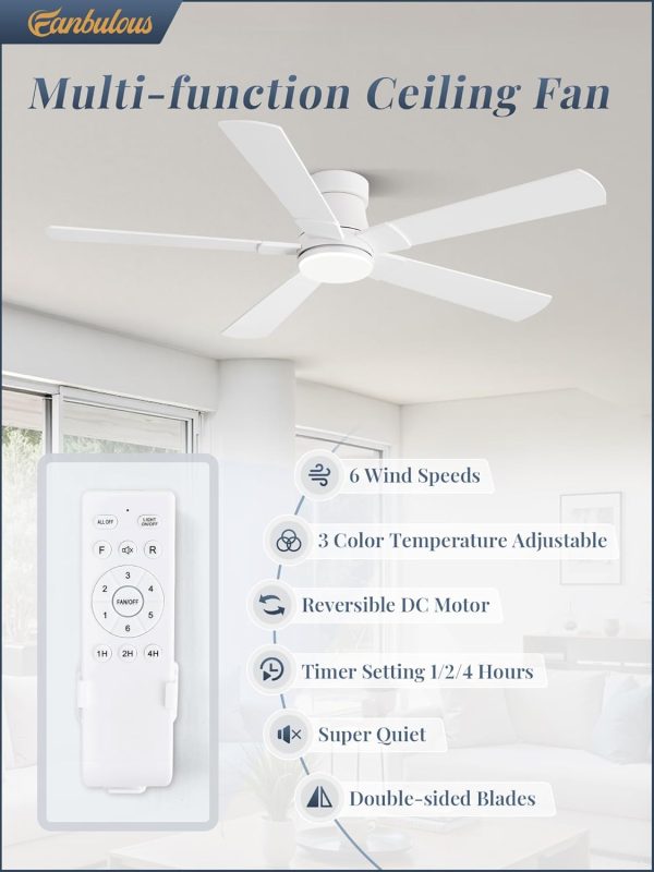Ceiling Fans with Lights and Remote, 52 inch Low Profile Flush Mount Ceiling Fan,White Modern Ceiling Fan with LED Light for Bedroom Indoor Outdoor-5 Reversible blades, 3CCT, 6 Speeds, Timer