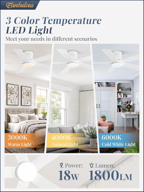 Ceiling Fans with Lights and Remote, 42 inch Low Profile Flush Mount Ceiling Fan,White Modern Ceiling Fan with LED Light for Bedroom Indoor Outdoor-5 Reversible blades, 3CCT, 6 Speeds, Timer