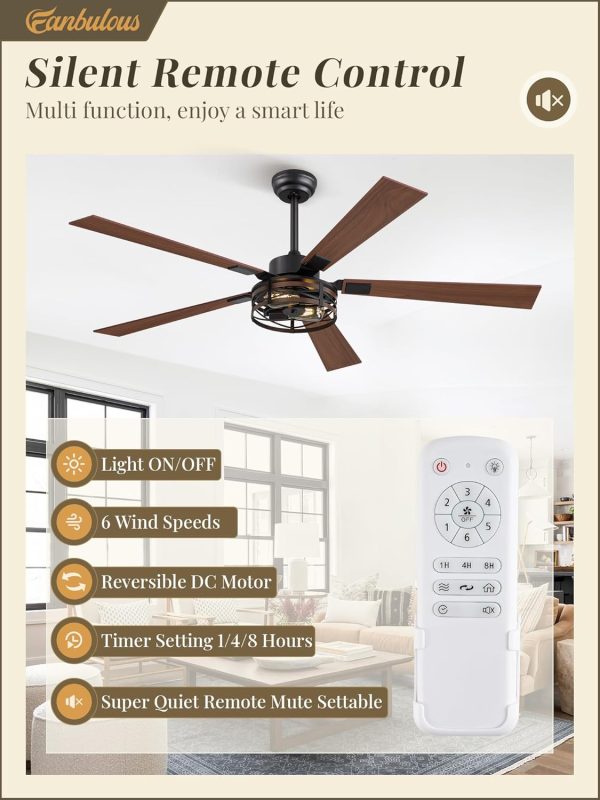 Farmhouse Ceiling Fans with Light, 60 Inch Bedroom Ceiling Fan with Lights, 6-Speed Adjustable, Quiet and Reversible DC Motor, Dual Finish 5 Blades, Rustic Caged Black Ceiling Fan for Living Room