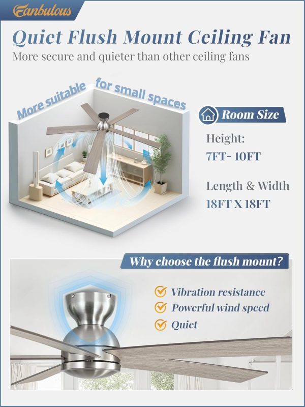 60 Inch low profile ceiling fan, Brushed Nickel Large Ceiling Fan no Lights, 6-Speeds, Quiet Reversible DC Motor, Indoor/Outdoor Ceiling Fans no light for Patios, Living Room, Bedroom