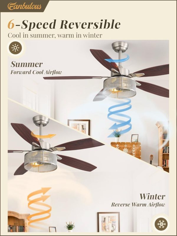 Farmhouse Brushed Nickel Ceiling Fans with Lights and Remote, 52 Inch Bedroom Caged Ceiling Fans for Living Room Kitchen6 Speed Reversible Quiet DC Motor, Dual Finish 5 Blades