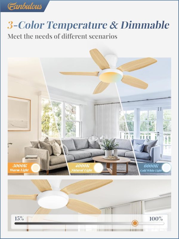 Ceiling Fans with Lights, 42 inch Low Profile Flush Mount Ceiling Fan with Remote/APP Control,Black Modern Ceiling Fan with LED Light for Bedroom Indoor Outdoor-LED Dimmable, 3CCT, 6 Speeds