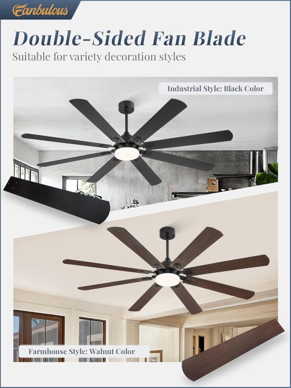 72 Inch Ceiling Fans with Lights, Black Modern Ceiling Fan with Remote,Large Farmhouse Indoor & Outdoor Ceiling Fan with 8 Dual Finish Blades, Quiet DC Motor, Bright LED Light