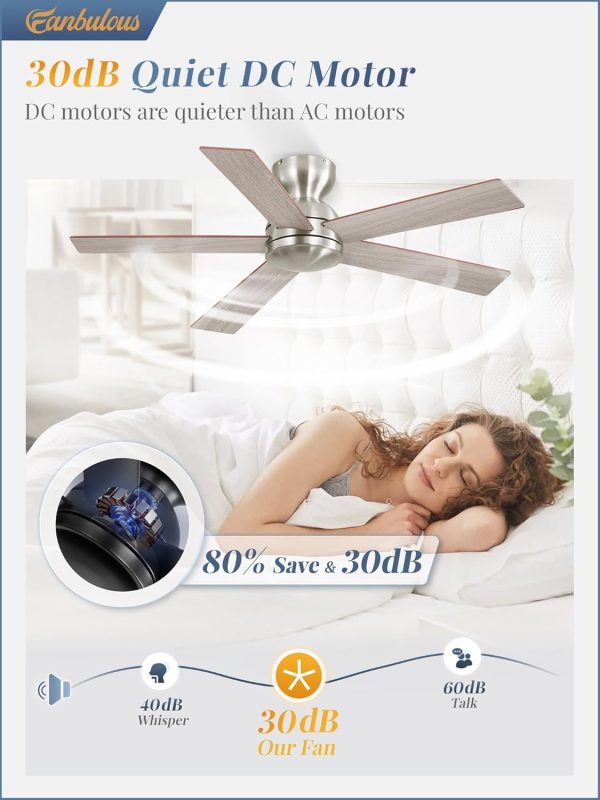 42 Inch Flush Mount Ceiling Fans no Light, Brushed Nickel Modern Ceiling Fans, 6-Speeds, Quiet Reversible DC Motor, Outdoor/Indoor Ceiling Fan for Patios, Living Room, Bedroom
