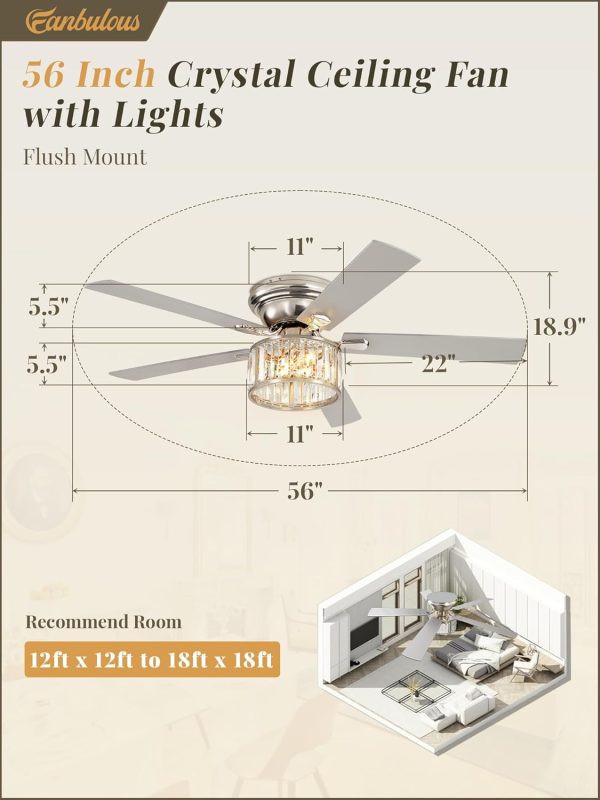 56 Inch Modern Crystal Chandelier Fan, Brushed Nickel Fandelier Ceiling Fan with Light, 6-Speeds, Quiet Reversible DC Motor, Flush Mount Ceiling Fan with Lights for Bedroom, Living Room