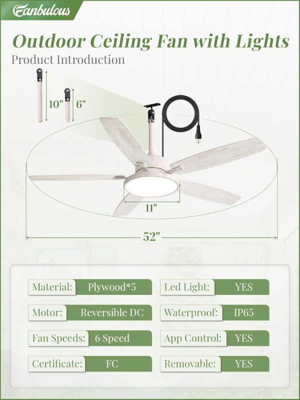 Outdoor Ceiling Fans with Light and Remote,IP65 Wet Rated Waterproof Ceiling Fan with 6-Speed DC Motor, Farmhouse Gazebo Fan for Porch Patios Pavilion(White Gold)