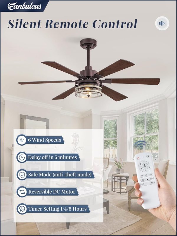 48 Inch Ceiling Fans with Lights and Remote,Industrial Large Ceiling Fan with 6-Speed Reversible DC Motor and 6 Dual Finish Blades,Ceiling Fan with Light for Living bedroom Patio