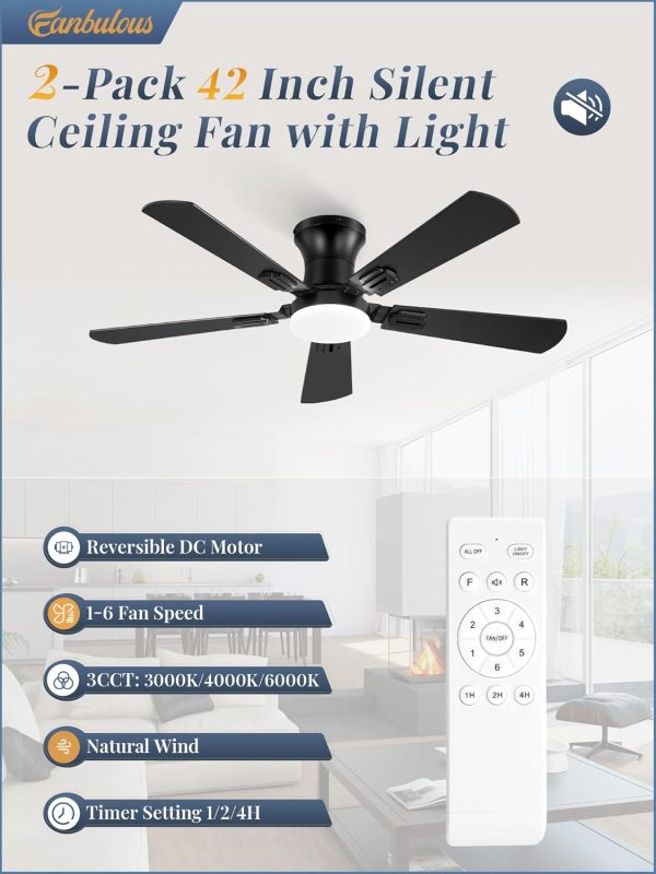 2 Pack 42 Inch Ceiling Fans with Lights and Remote, Low Profile Indoor Black Ceiling Fan with 6 Speeds & 3CCT, Flush Mount, Dual-Finish 5 Blades,Quiet DC Motor for Living Room Bedroom