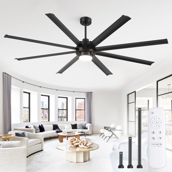 84 inch Large Ceiling Fan Outdoor Industrial Ceiling Fan with Light and Remote, 6-Speed, 3CCT, 8 Aluminum Blades, Modern Black Big Assed Ceiling Fans for Patios Garage Shop Porch Indoor