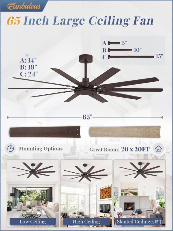 65 Inch Large Ceiling Fan Without Light, Modern Indoor/Outdoor Ceiling Fans No Light with Remote,6-Speed Reversible Quiet DC Motor, 10 Blade for Bedroom,Living Room,Patio,Garage(Oil Bronze)