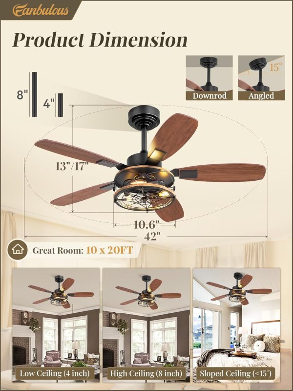 42 Inch Farmhouse Ceiling Fan with Light and Remote, Black Industrial Caged Flush Mount Ceiling Fans with 6 Speed Reversible Motor and Dual Finish 5 Blades, Rustic Ceiling Fan for Living room, Bedroom