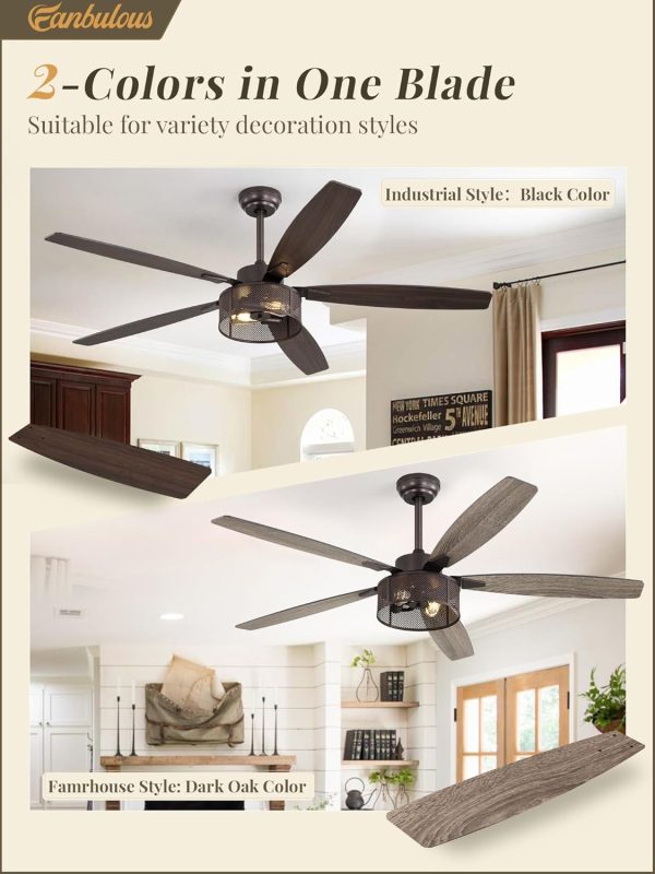 Farmhouse Ceiling Fans with Lights and Remote, 60 Inch Industrial Caged Ceiling Fans for Living Room Bedroom Kitchen, 6 Speed Reversible Quiet DC Motor, Dual Finish 5 BladesOil Bronze