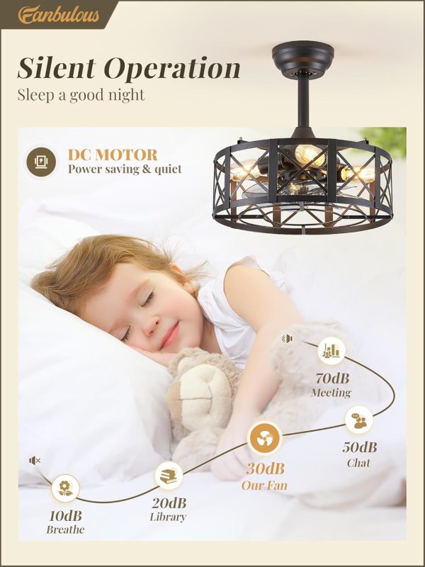 16in Black Fandelier Ceiling Fans with Lights and Remote, Caged Enclosed Farmhouse Ceiling Fan with 6 Speeds and Timing, Small Bladeless Chandelier Fan Lights Ceiling Fixtures-Black