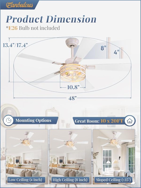 Farmhouse Ceiling Fans with Light, 48 Inch Bedroom Ceiling Fan with Lights, 6-Speed Adjustable, Quiet and Reversible DC Motor, 5 Dual Finish Blades, Rustic Caged Ceiling FanWhite and Gold Color