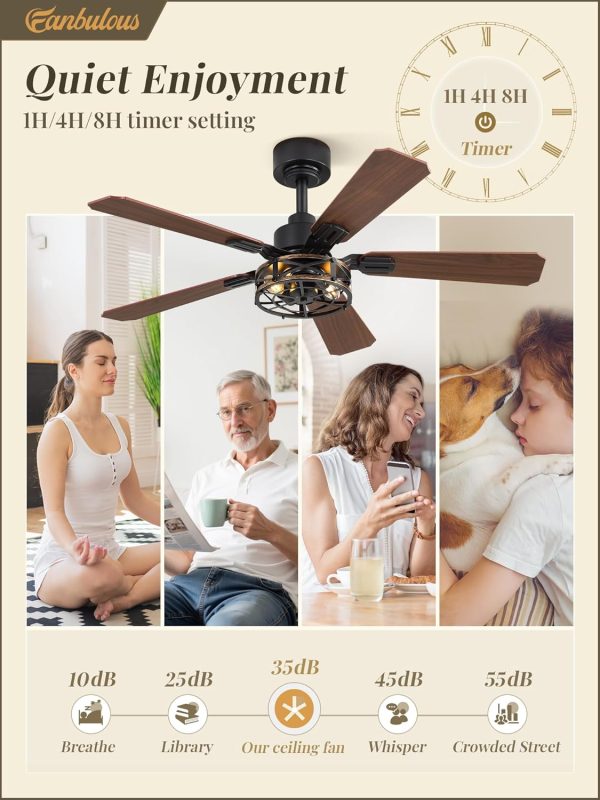 3 Pack 42 Inch Rustic Caged Ceiling Fan with Lights, Black Farmhouse Ceiling Fans for Bedroom Living Room, Double-Sided 5 Blades Rustic Ceiling Fan