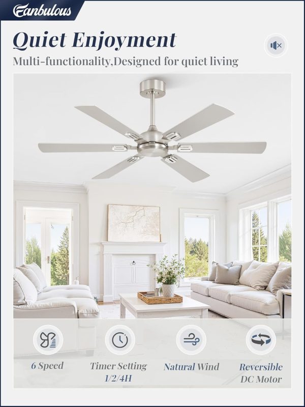 52 Inch Ceiling Fans No Light with Remote, Modern Ceiling Fan Without Light, Dual Finish 6 Blades, Reversible Quiet DC Motor, 6 Speed, Large Ceiling Fan for Indoor or Covered Outdoor, Nickel