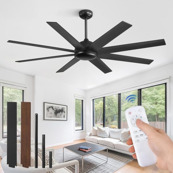 62 Inch Large Ceiling Fan no Light, Ceiling Fan Black with Remote, 6-Speeds, Quiet Reversible DC Motor, 8 Blades, Indoor/Outdoor Modern Ceiling Fans for Living Room, Garage, Patio
