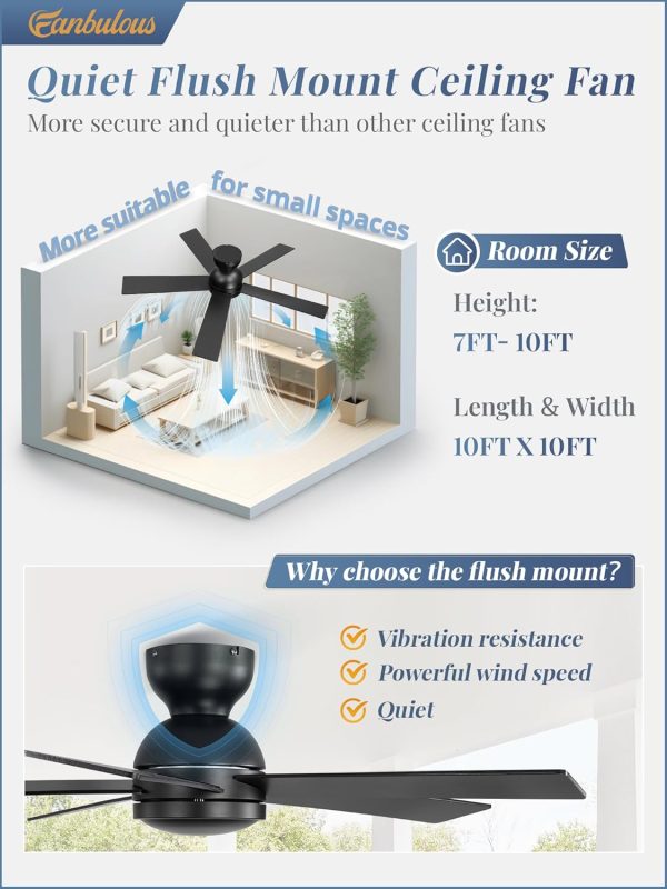 42 Inch Flush Mount Ceiling Fans without Lights, Small Black Ceiling Fan with Remote, 6-Speeds, Quiet Reversible DC Motor, Indoor/Outdoor Ceiling Fan for Patio, Living Room, Bedroom