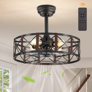 20 Inch Fandelier Caged Ceiling Fans with Lights and Remote, Black Bladeless Ceiling Fan with 6 Speeds and Timing, Farmhouse Samll Fan Lights Ceiling Fixtures for Kitchen, Bedroom-Walnut