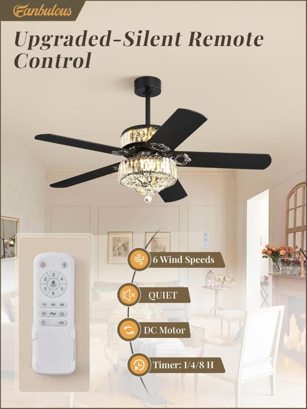 52 Inch Crystal Fandaliers Ceiling Fan with Double-layer LED Light, Chandelier Ceiling fans, 3CCT, 6-Speeds, Quiet DC Motor, Farmhouse Ceiling Fans with Light, Black Ceiling Fan for Bedroom