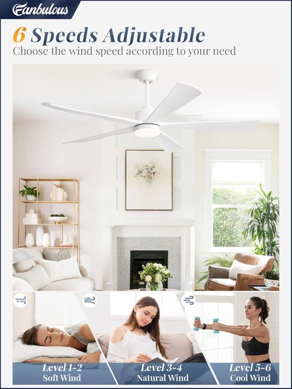 60 Inch Ceiling Fans with Lights and Remote, White Modern Plug in Ceiling Fan with 6 Speeds,Bright LED Light,Reversible Quiet DC Motor for Bedroom,Living Room