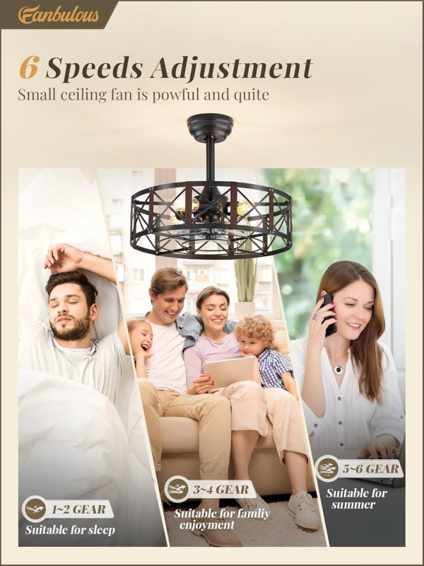 20 Inch Fandelier Caged Ceiling Fans with Lights and Remote, Black Bladeless Ceiling Fan with 6 Speeds and Timing, Farmhouse Samll Fan Lights Ceiling Fixtures for Kitchen, Bedroom-Walnut