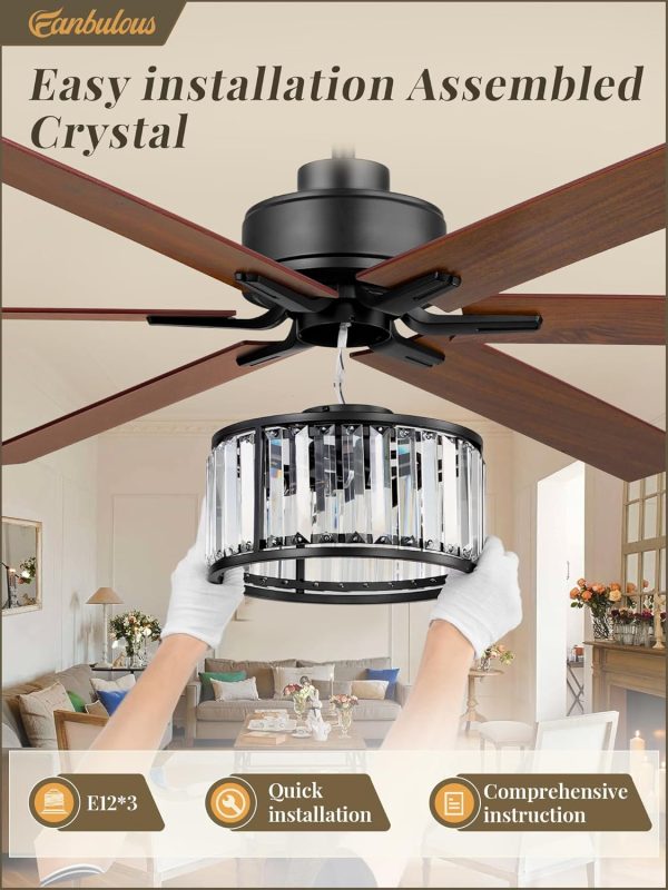 65 Inch Farmhouse Crystal Ceiling Fan with Lights and Remote, Chandelier Ceiling Fan with Quiet Reversible DC Motor, Wood Blades - Ideal for Bedroom