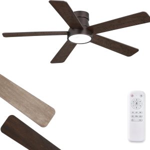 48 Inch Ceiling Fans with Lights and Remote,Outdoor Indoor Modern Flush Mount Ceiling Fan with 3CCT 6-Speed Quiet DC Motor,Small Low Profile Ceiling Fan for Bedroom Living Room Office(Oil Bronze)