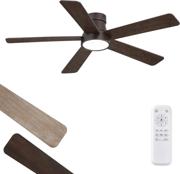48 Inch Ceiling Fans with Lights and Remote,Outdoor Indoor Modern Flush Mount Ceiling Fan with 3CCT 6-Speed Quiet DC Motor,Small Low Profile Ceiling Fan for Bedroom Living Room Office(Oil Bronze)