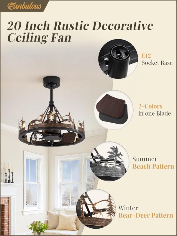 20 Inch Farmhouse Rustic Ceiling Fan with Light and Remote, Black Chandelier Fan with Bear and Deer Design,Summer Sand Beach Design,Rustic Chandeliers for Living Room, Bedroom