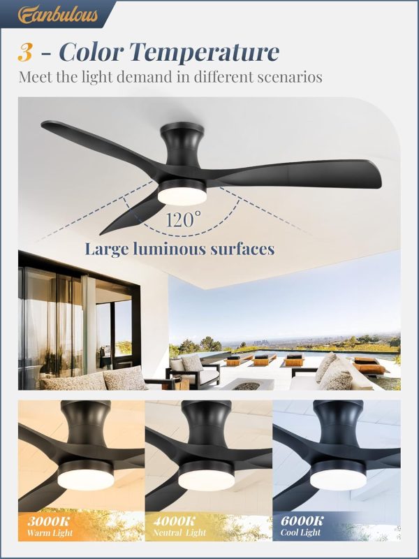 52 Inch Ceiling Fans with Lights and Remote, 3 Blades Flush Mount Low Profile Ceiling fan, Efficient 3475 CFM, Safe ABS, Timer, Quiet 35dB, 3CCT, Reversible for Bedroom Living Room, Black