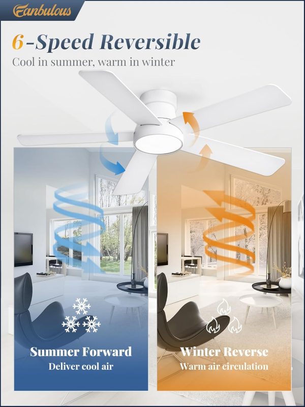 48 Inch Ceiling Fans with Lights and Remote,Outdoor Indoor Modern Flush Mount Ceiling Fan with 3CCT 6-Speed Quiet DC Motor,Black Small Low Profile Ceiling Fan for Bedroom Living Room Office(White)