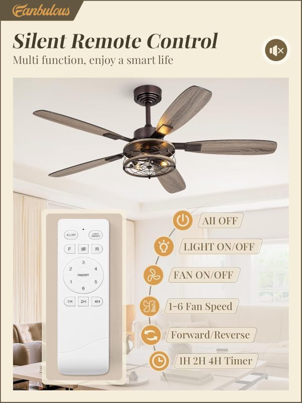 52 Inch Farmhouse Ceiling Fan with Light and Remote, Oil Bronze Industrial Flush Mount Ceiling Fans with 6 Speed Reversible Motor and Dual Finish 5 Blades, Rustic Ceiling Fan for Living Room, Bedroom