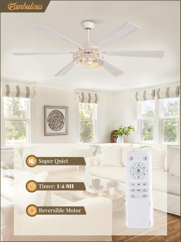 65 Inch Ceiling Fan with Lights, Farmhouse Caged Ceiling Fans with Remote, White Industrial Ceiling Fans with Quiet Reversible DC Motor, Large Ceiling Fan for Living room, Bedroom