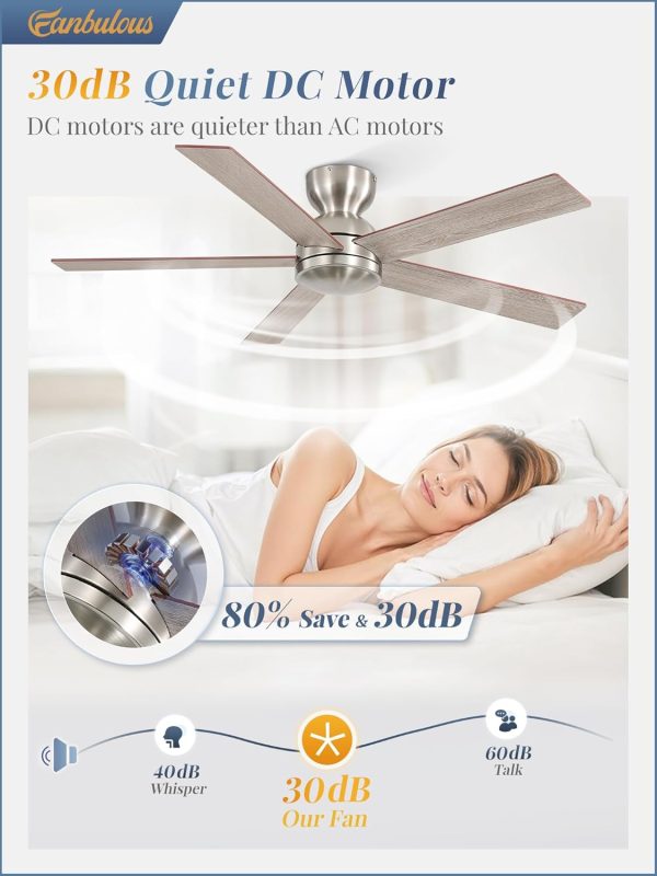 48 Inch Flush Mount Ceiling Fans without Lights, Brushed Nickel Modern Ceiling Fan no Lights, 6-Speeds, Quiet Reversible DC Motor, Indoor/Outdoor Ceiling Fans for Patios, Living Room, Bedroom
