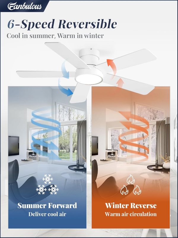 42 Inch Ceiling Fans with Lights and Remote,Indoor Modern Flush Mount Ceiling Fan with 3CCT 6-Speed Quiet DC Motor,White Small Low Profile Ceiling Fan for Bedroom Living Room Office