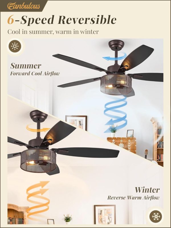 Farmhouse Oil Bronze Ceiling Fans with Lights and Remote, 52 Inch Bedroom Caged Ceiling Fans for Living Room Kitchen6 Speed Reversible Quiet DC Motor, Dual Finish 5 Blades