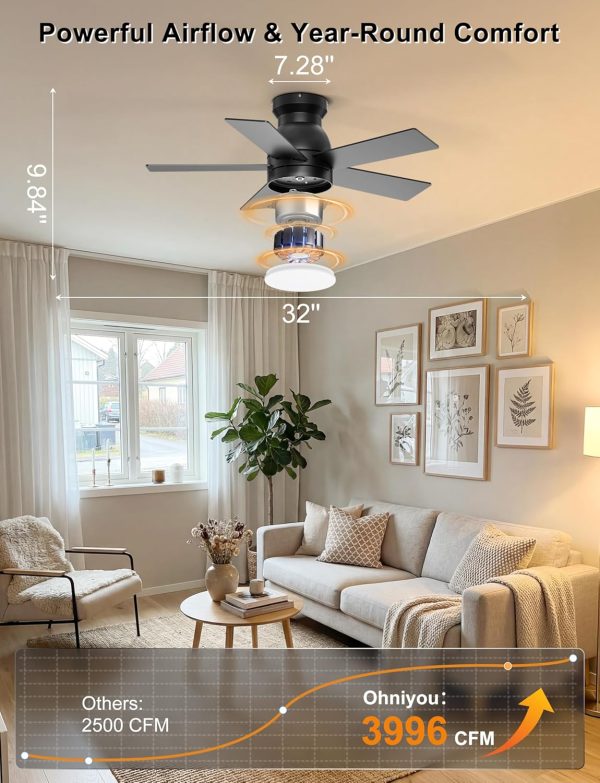 Ceiling Fans with Lights, 32 Inch Low Profile Ceiling Fan with Light and Remote/APP Control, Flush Mount, Dimmable, Qiuet DC Motor, Black Small Indoor Ceiling Fan for Bedroom, Kitchen