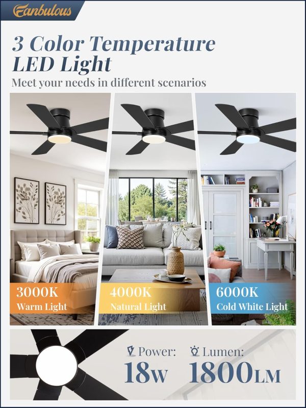 Ceiling Fans with Lights and Remote, 42 inch Low Profile Flush Mount Ceiling Fan,White Modern Ceiling Fan with LED Light for Bedroom Indoor Outdoor-5 Reversible blades, 3CCT, 6 Speeds, Timer