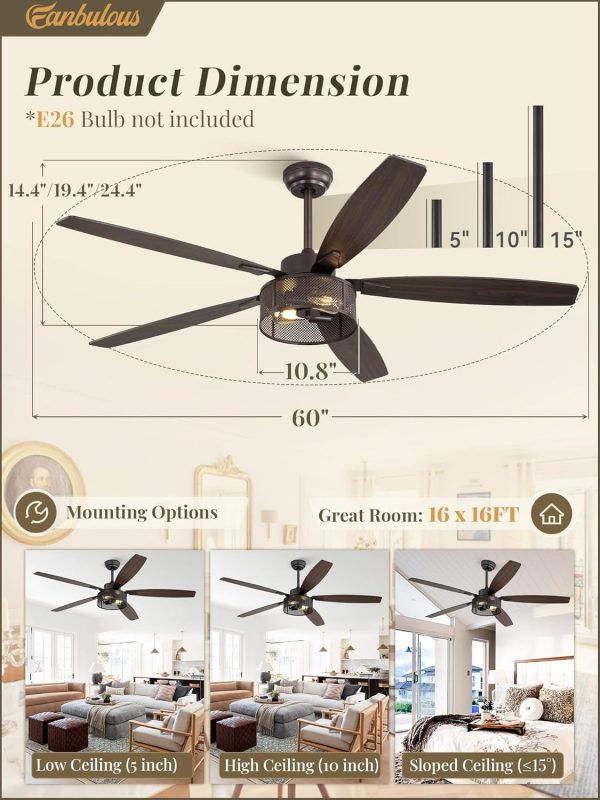 Farmhouse Ceiling Fans with Lights and Remote, 60 Inch Industrial Caged Ceiling Fans for Living Room Bedroom Kitchen, 6 Speed Reversible Quiet DC Motor, Dual Finish 5 BladesOil Bronze