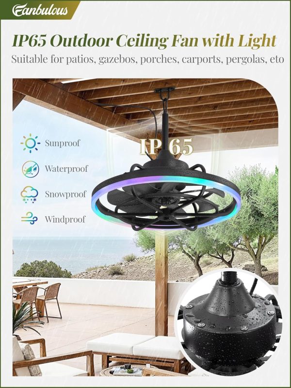 Outdoor RGB Ceiling Fans with Light for Patios, 24" Waterproof Plug in Ceiling Fan, Gazebo Fan Remote&APP Control, 3CCT Dimmable,Caged Ceiling Fan with Hanging Hook for Porch, Pergola