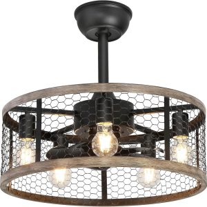 Caged Rustic Farmhouse Ceiling Fan with Lights Remote Control, Reversible Motor, 6 Speeds Ceiling Fan Light Fixture for Dining Room Bedroom